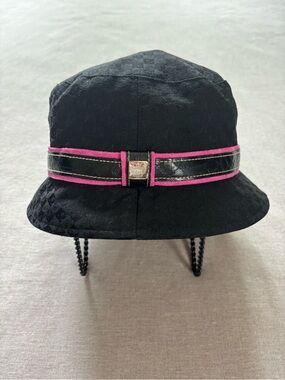Liz Claiborne Vintage Black Bucket Hat with Pink Trim & Leather Band 90s Vibes